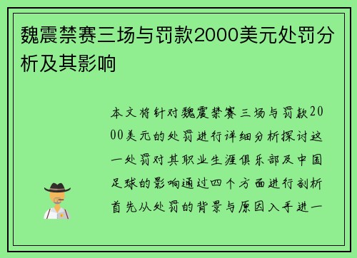 魏震禁赛三场与罚款2000美元处罚分析及其影响