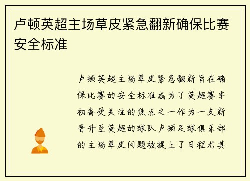 卢顿英超主场草皮紧急翻新确保比赛安全标准 卢顿英超主场草皮紧急翻新确保比赛安全标准